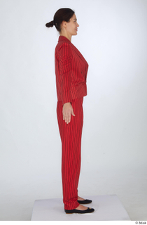  Cynthia black flat ballerina shoes dressed formal red striped suit standing whole body 0015.jpg